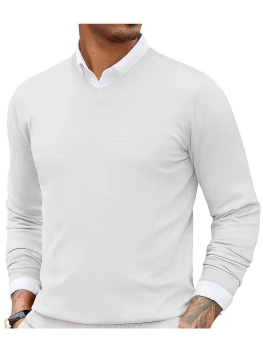 Men's V-Neck Lightweight White Sweater
